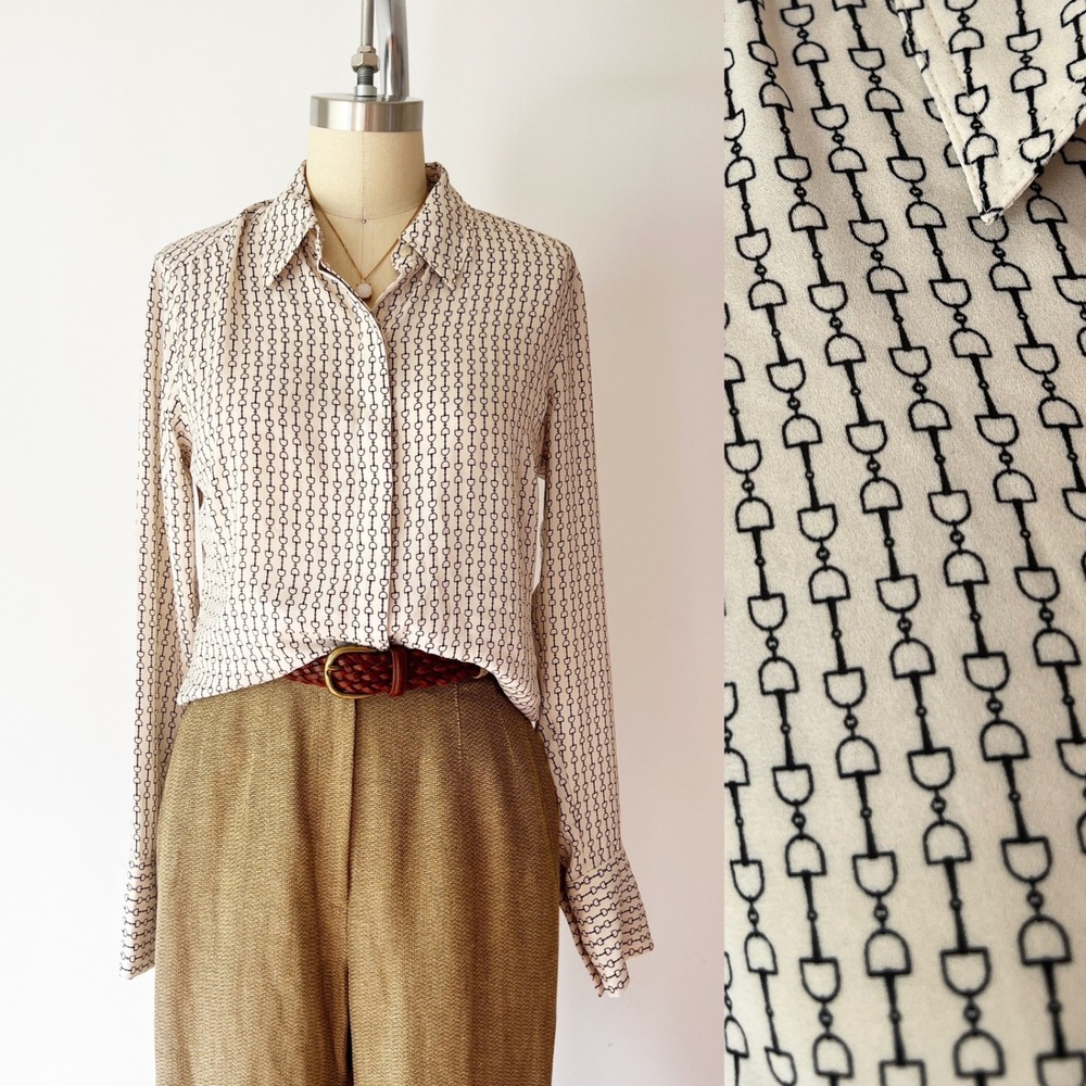 Express Slim Portofino Shirt Cream Black Horse Bit Print Equestrian Bridle Small